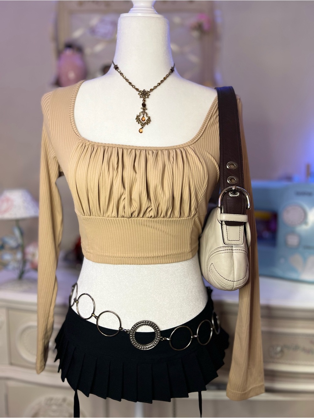 SHEIN Beige Ruched Square-Neck Long Sleeve Crop Top